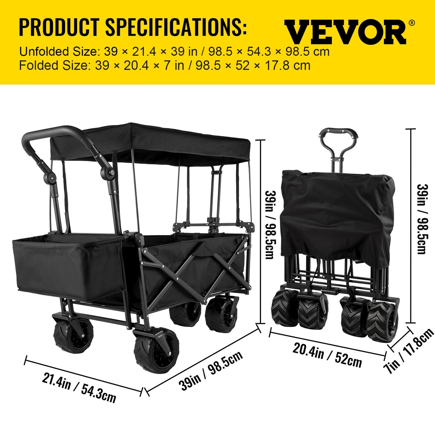 Extra Large Collapsible Garden Cart with Removable Canopy, Folding Wagon Utility Carts with Wheels and Rear Storage, Wagon Cart for Garden, Camping, Grocery Cart, Shopping Cart, Black