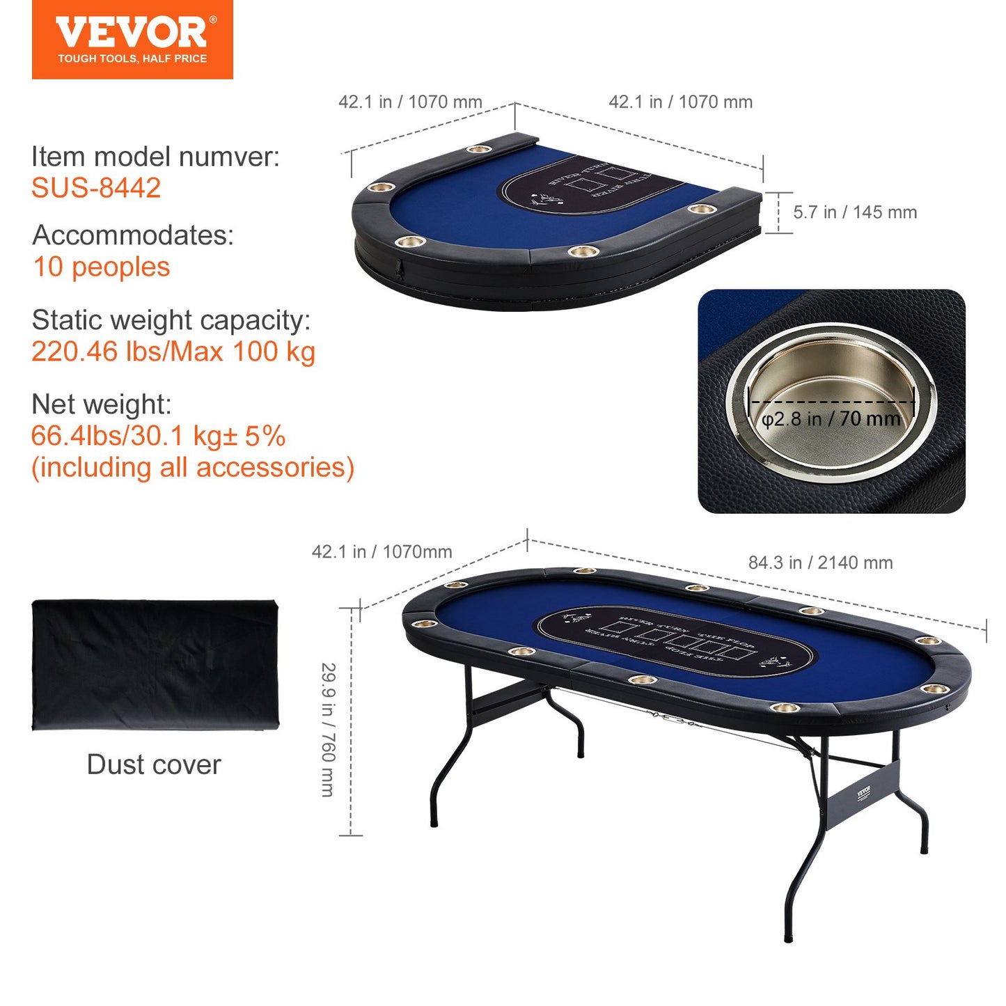 10 Player Foldable Poker Table, Blackjack Texas Holdem Poker Table with Padded Rails and Stainless Steel Cup Holders, Portable Folding Card Board Game Table, 84" Oval Casino Leisure Table