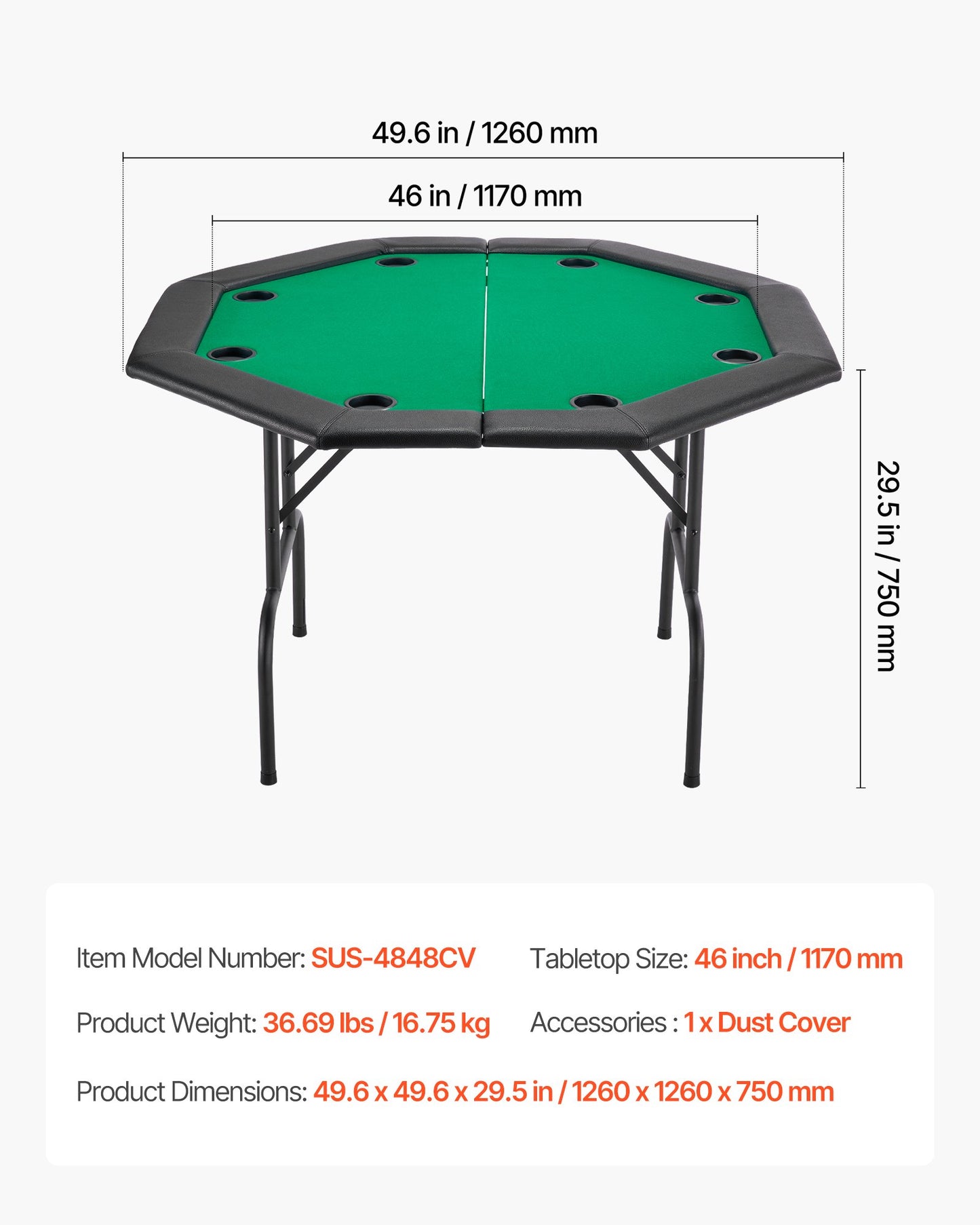 Foldable Poker Table, 8 Player 48 in Folding Casino Leisure Table with Padded Rails & Cup Holders, Octagonal Portable Game Tables with Felt & Metal Legs, for Texas Hold'em Game and Blackjack
