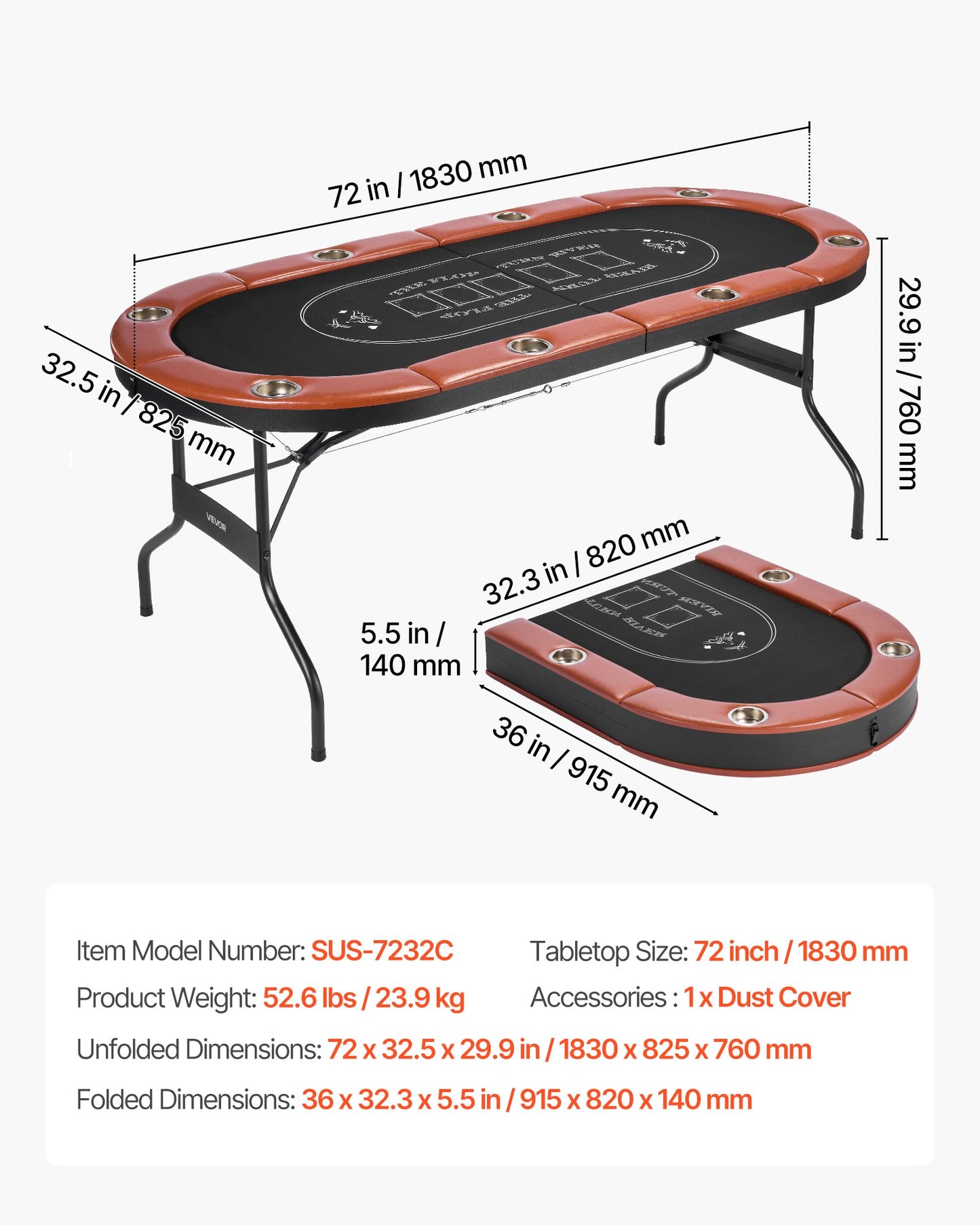Foldable Poker Table, 8 Player 72 in Folding Casino Leisure Table with Padded Rails and Cup Holders, Oval Portable Game Tables with Felt & Metal Legs, for Texas Hold'em Game and Blackjack