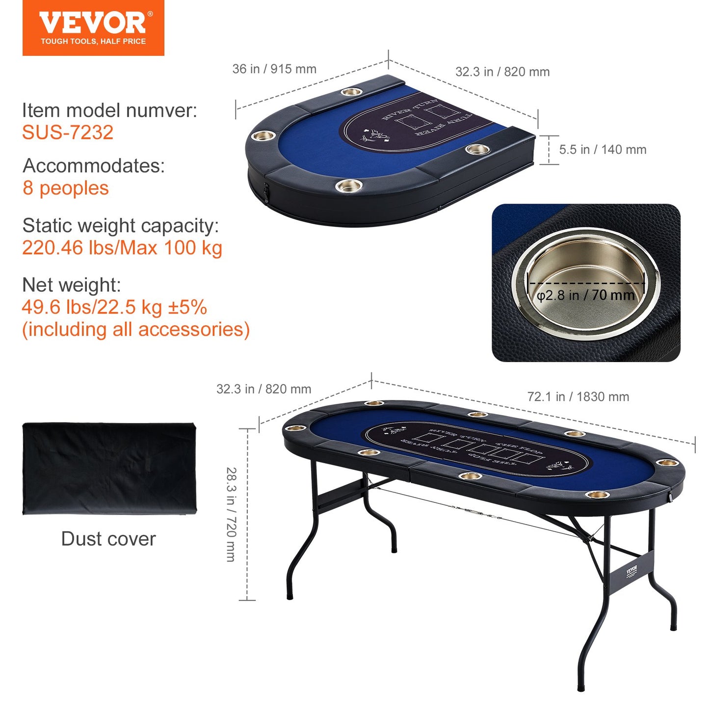 8 Player Foldable Poker Table, Blackjack Texas Holdem Poker Table with Padded Rails and Stainless Steel Cup Holders, Portable Folding Card Board Game Table, 72" Oval Casino Leisure Table, Blue