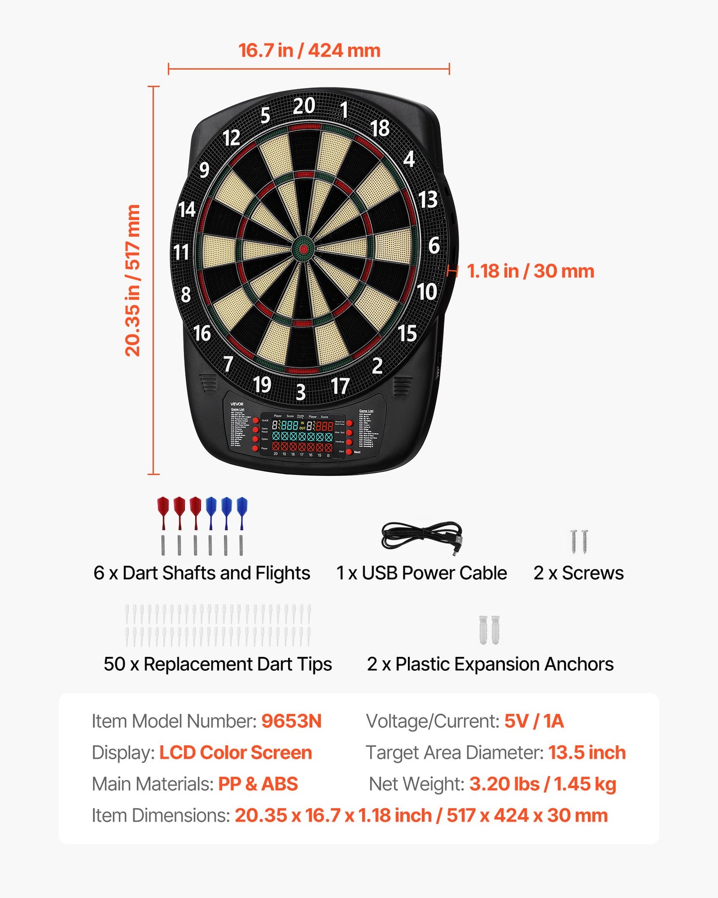 Electronic Dart Board, 13.5" Target Dartboard with 43 Games & 200+ Variations for Up to 8 Players, 6 Dart Shafts with Flights & 50 Soft Tips, Color LCD Scoring Screen for Home Party Game Rooms