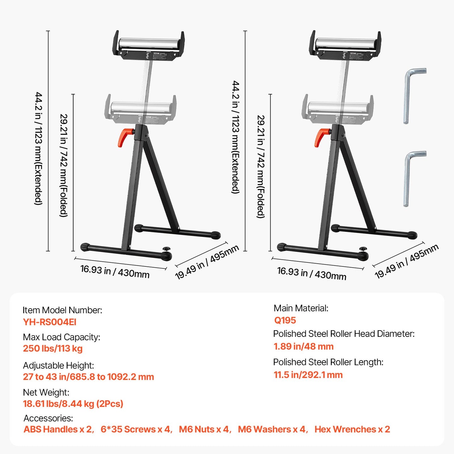 2-Pack Roller Stands, 250 lbs Load Capacity, 27-43 in Adjustable Height, Folding Heavy Duty with Polished Steel Roller Head & Edge Guides, for Table Saw Outfeed Woodworking Extension Support
