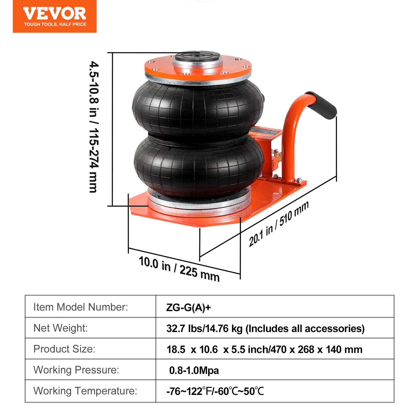 Air Jack, 3 Ton/6600 lbs, 3-8S Pneumatic Lifting Jack with Heightened Column & 6 Steel Tubes, Compact, Easy-to-Lift & Space-Saving Jack with Thick Rubber Pad, Fits for Sedan, SUV, Pickup Truck