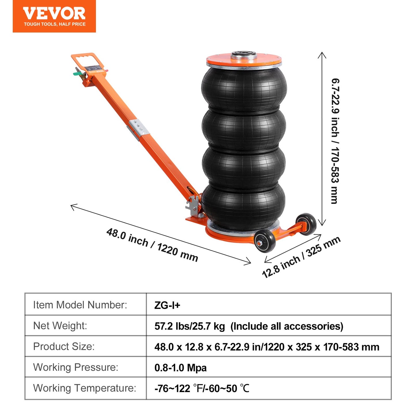 Air Jack, 6 Ton/13000 lbs, 2-5 S Pneumatic Lifting Jack with Heightened Column & Adjustable Handle, Easy-to-Lift & Space-Saving Jack with Thick Rubber Pad, Fits for Sedan, SUV, Pickup Truck