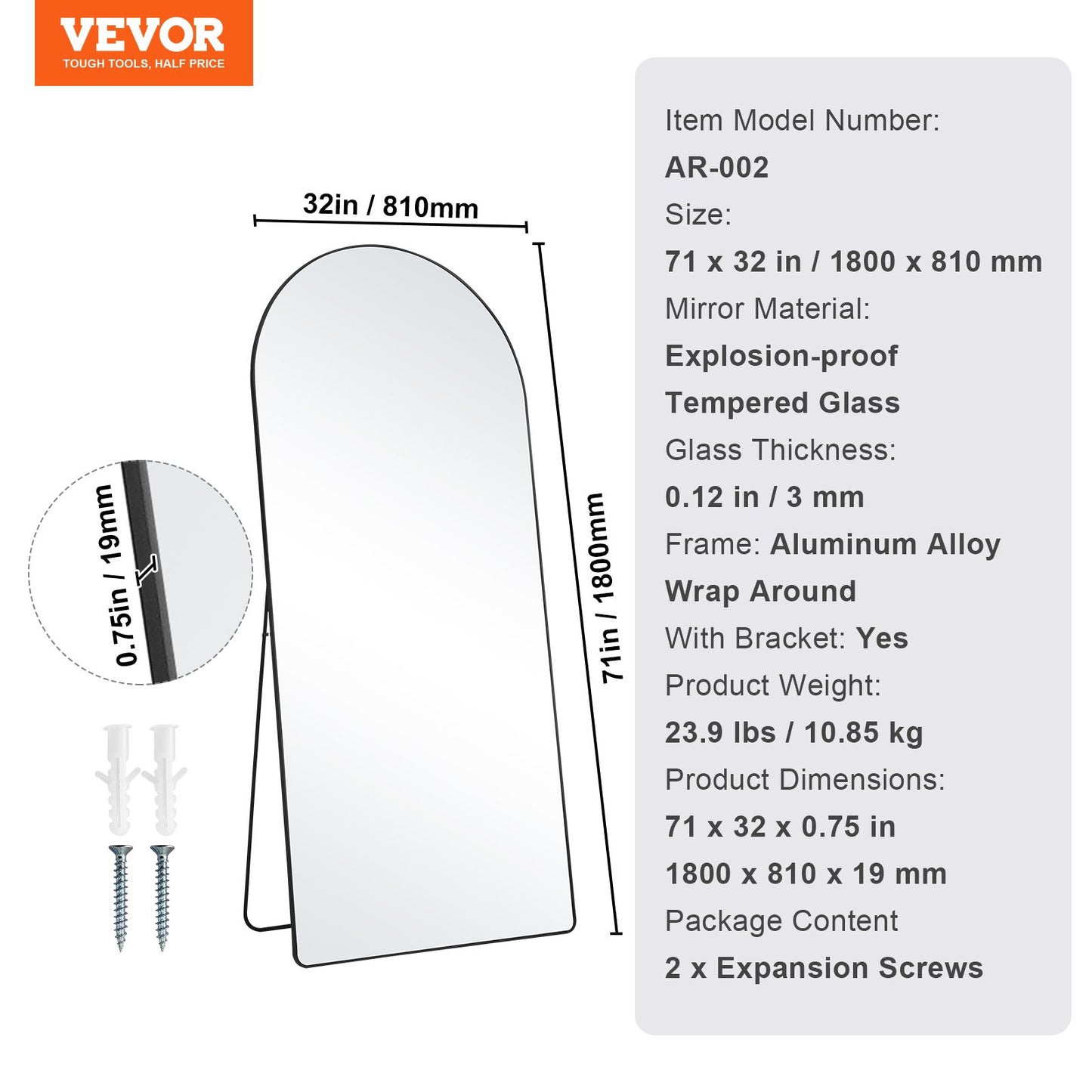 Arched Full Length Mirror, 71'' x 32'', Large Free Standing Leaning Hanging Wall Mounted Floor Mirror with Stand Aluminum Alloy Frame, Full Body Dressing Mirror for Living Room Bedroom, Black