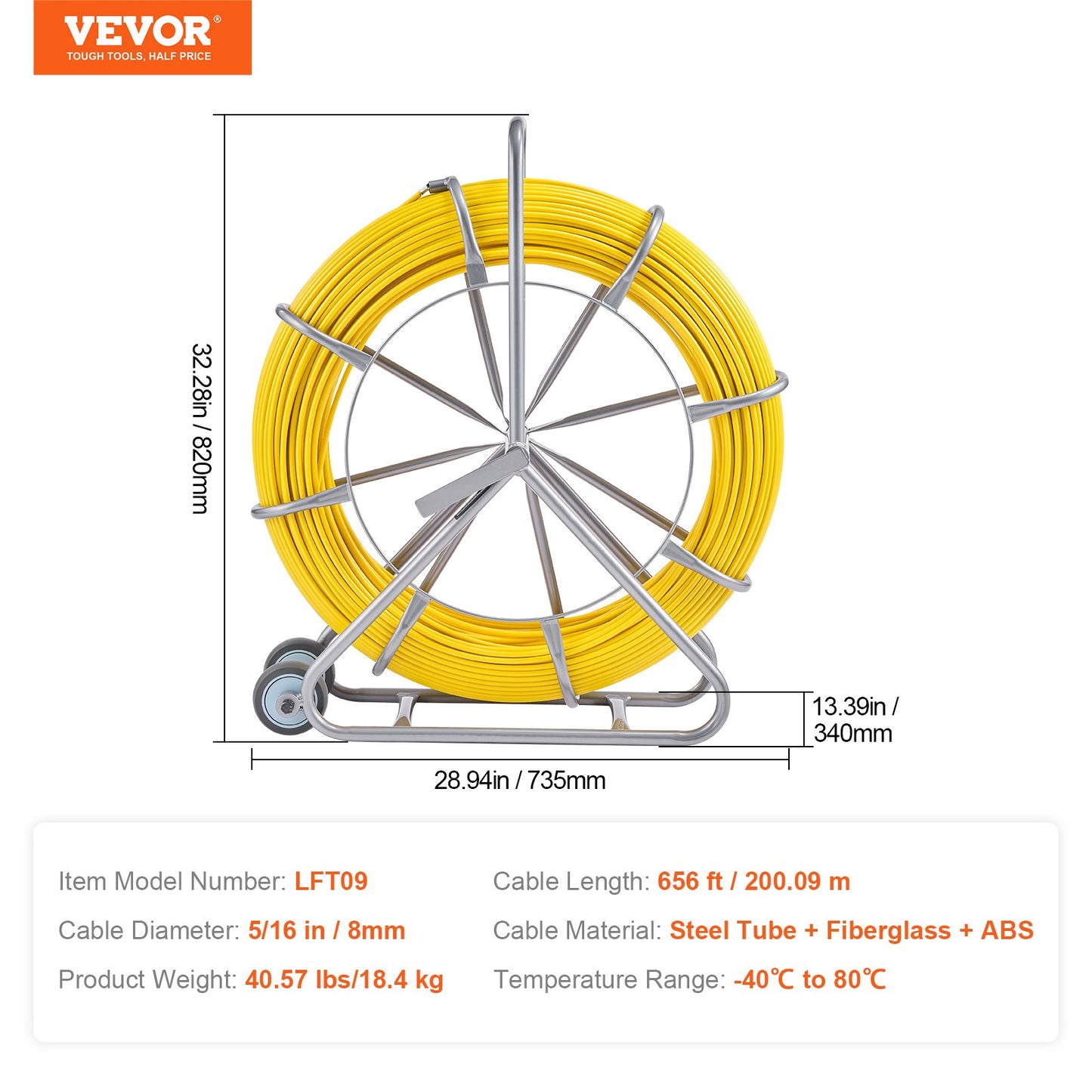 Fish Tape Fiberglass, 656 ft, 5/16 in, Duct Rodder Fishtape Wire Puller, Cable Running Rod with Steel Reel Stand, 3 Pulling Heads, Fishing Tools for Walls and Electrical Conduit, Non-Conductive