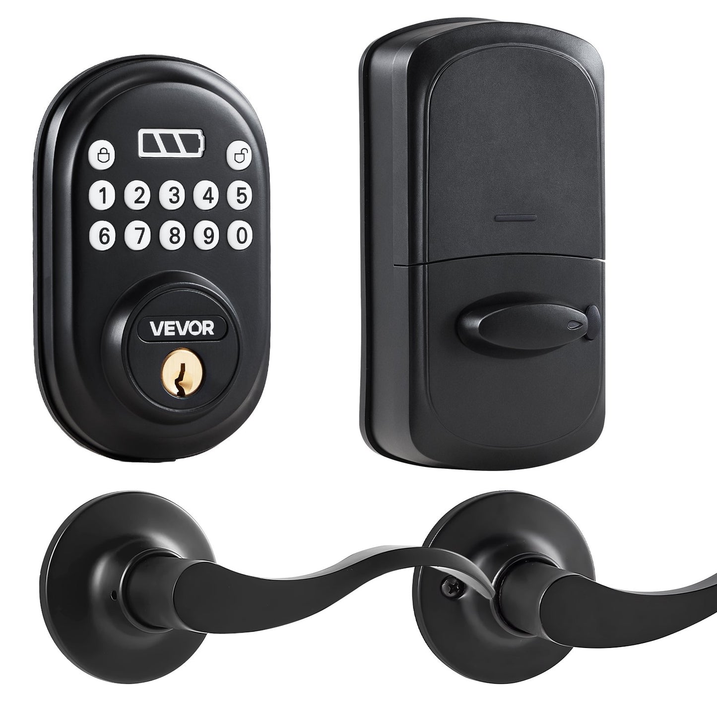 Keyless Entry Door Lock with Handle, Electronic Keypad Entry Lever, Password and Key Unlock Combination, Auto-Locking Keypad with Deadbolt, One-time Password, for Front Door, Matte Black