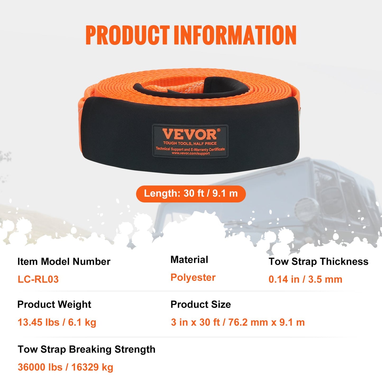Polyester Heavy Duty Tow Strap Recovery Kit 3" x 30 ft (MBS-36,000 lbs) Winch Strap, Triple Reinforced Loop, Snatch Strap + 2" Shackle Hitch Receiver + 3/4" D-Ring Shackles (2PCS) + Storage Bag