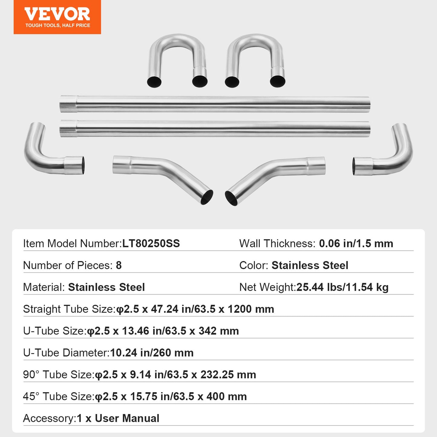 Exhaust Kit, 8 Pieces, DIY Universal Stainless Steel Exhaust Kit with Slip-Fit Joint & Large Exhaust Tube, Rust-Proof Exhaust Pipe for Exhaust System, Fit for Garage/Auto Repair Store/4S Store