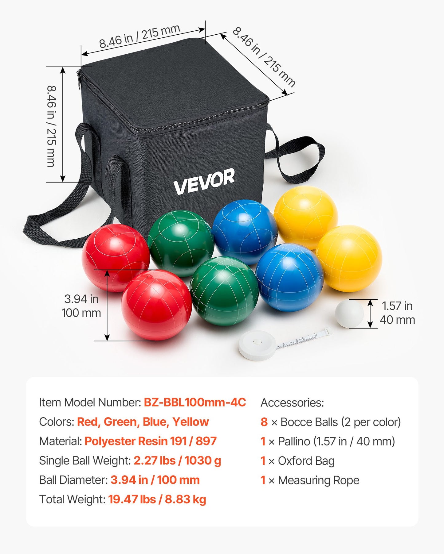 Bocce Ball Set, 100 mm, with 8 Resin Balls, Pallino, Carrying Bag and Measuring Rope, Red/Green/Blue/Yellow 4 Colors, for 2 to 8 Players, Bocce Ball Game Set for Beach, Lawn, Family Backyard