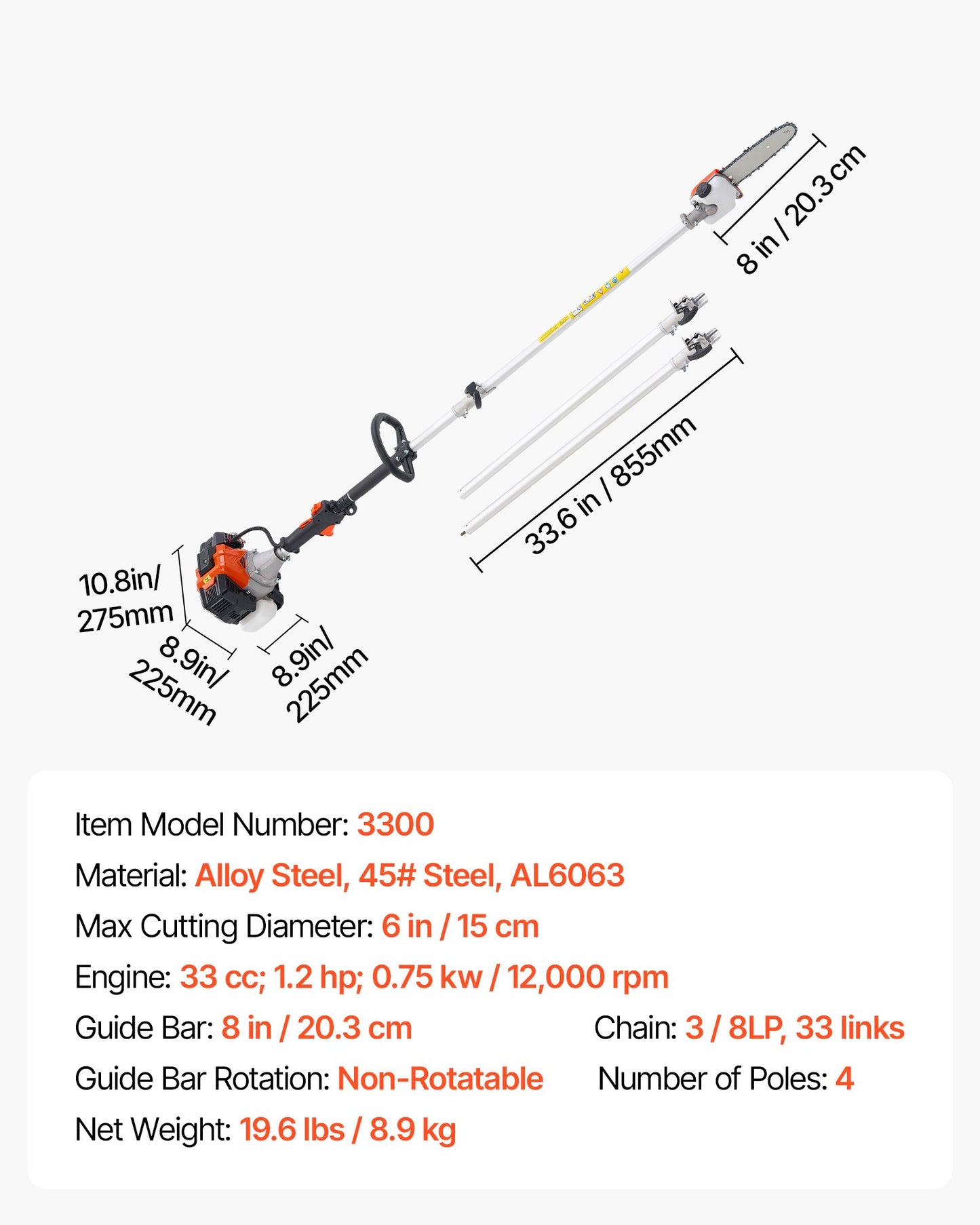 Gas Pole Saw, 33CC 2 Stroke Gas Powered Pole Saws with 8 in Cutting Bar, Cordless Tree Trimmer with 30 fl.oz Fuel Tank, 6.7 to 11.6 ft Extendable, Powerful Chainsaw for Tree Trimming Pruning
