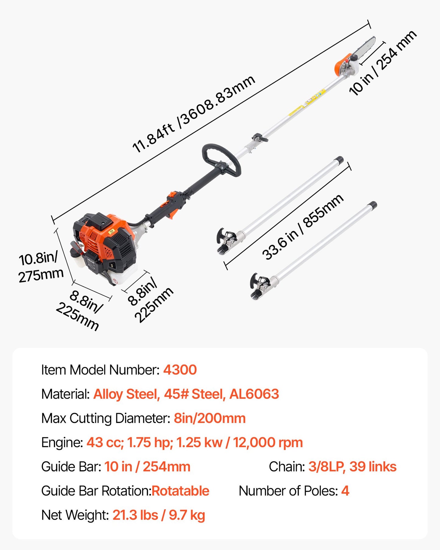 Gas Pole Saw, 43CC 2 Stroke Gas Powered Pole Saws with 10 in Cutting Bar, Cordless Tree Trimmer with Rotatable Head, 6.9 to 11.8 ft Extendable, Powerful Chainsaw for Tree Trimming Pruning