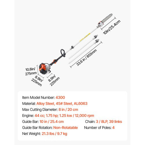 Bensindriven Stångsåg 43CC 2-takts Sladdlös Trädtrimmer 10" Svärd | EU