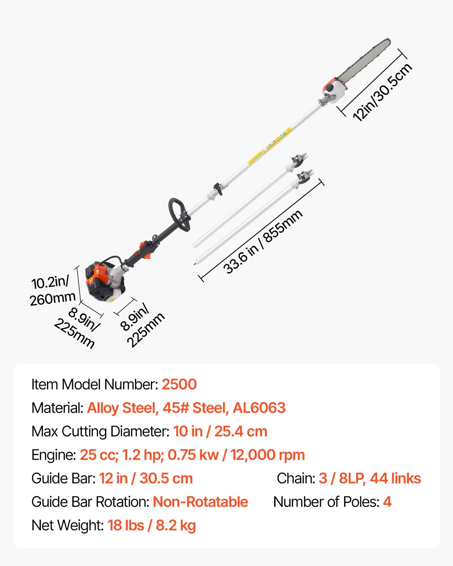 Gas Pole Saw, 25CC 2 Stroke Gas Powered Pole Saws with 12 in Cutting Bar, Cordless Tree Trimmer with 23 fl.oz Fuel Tank, 7 to 12 ft Extendable, Powerful Chainsaw for Tree Trimming Pruning