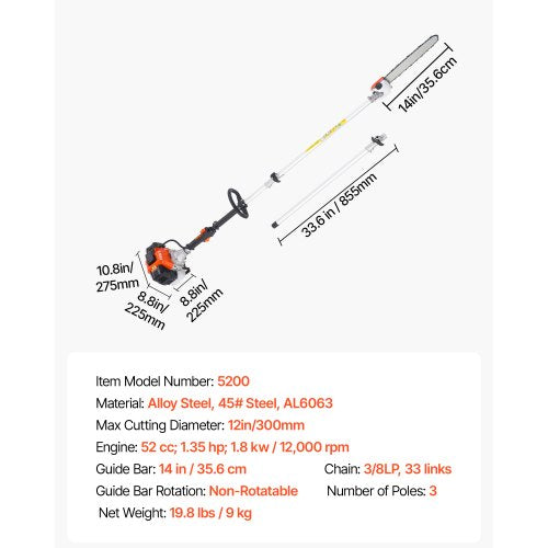 Benzin-Hochentaster, 52 CC, 2-Takt, kabelloser Baumschneider, 14 Zoll-Balken