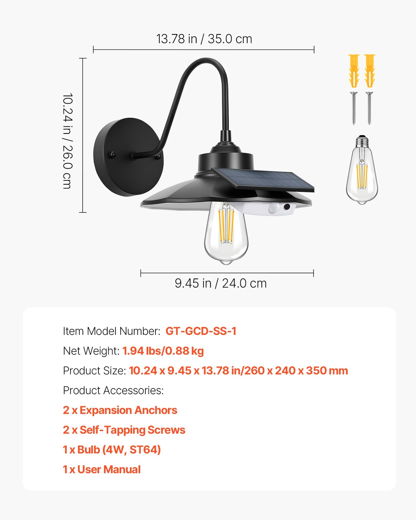 Solar Outdoor Barn Light, 3 Lighting Modes and Motion Sensor, 1-Pack Gooseneck Light Fixture,Farmhouse Wall Sconce, with E26 Bulb Compatible, Waterproof for Porch, House, Entryway, Garage, Black