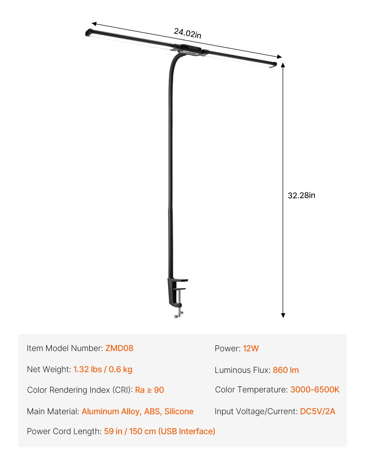 LED Desk Lamp with Clamp, Double Head Architect Desk Lamp for Home Office, Eye-Caring Desk Light with 360° Adjustable Gooseneck, 50 Lighting Modes & Timer Function for Studying Working Drawing