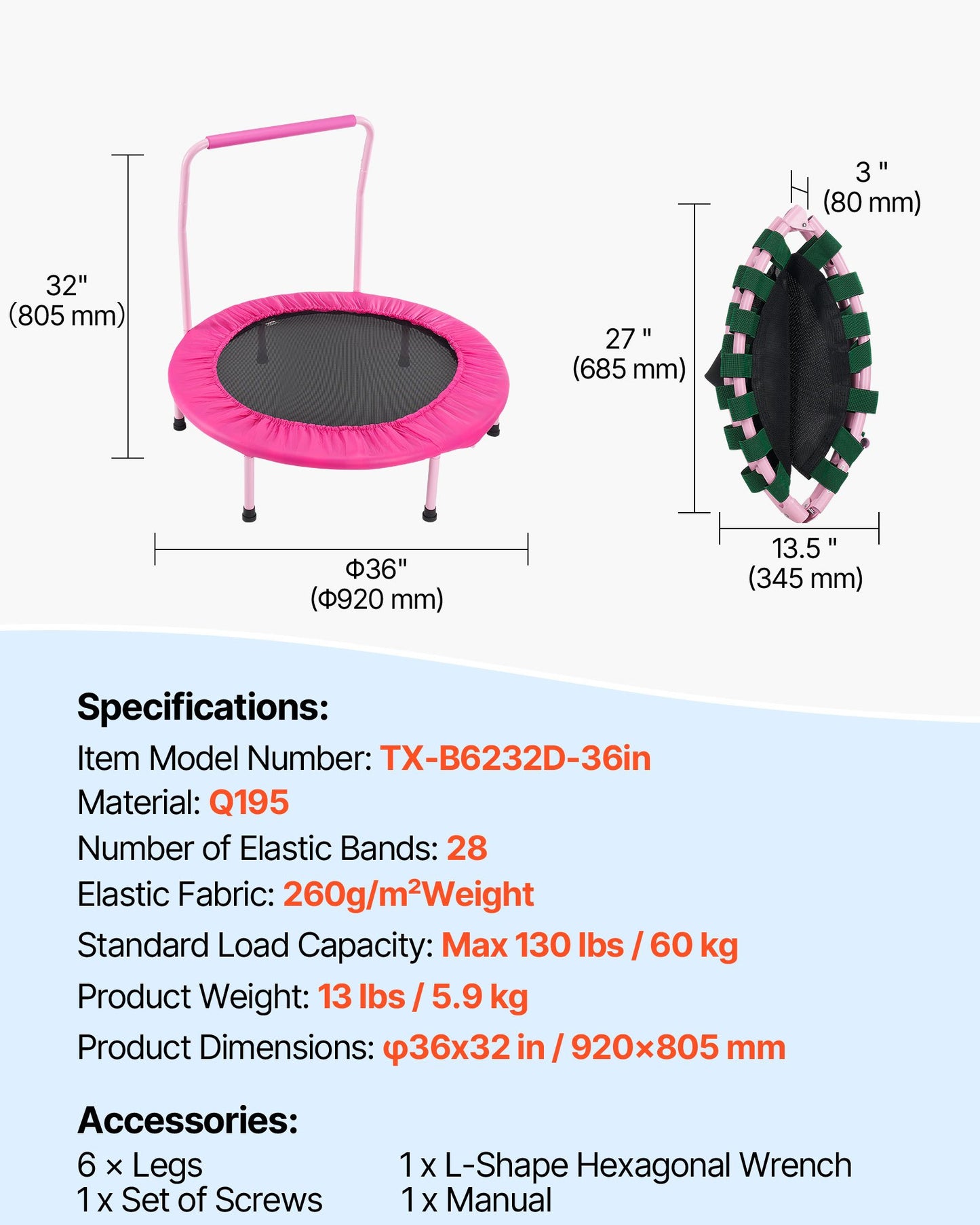 36" Kids Trampoline, 3FT Indoor Outdoor Trampoline, Foldable Mini Trampoline with Handle, Rebounder Trampoline for Toddlers, Birthday Gift for 3+ Years Children, Boys Girls for Fun, Pink
