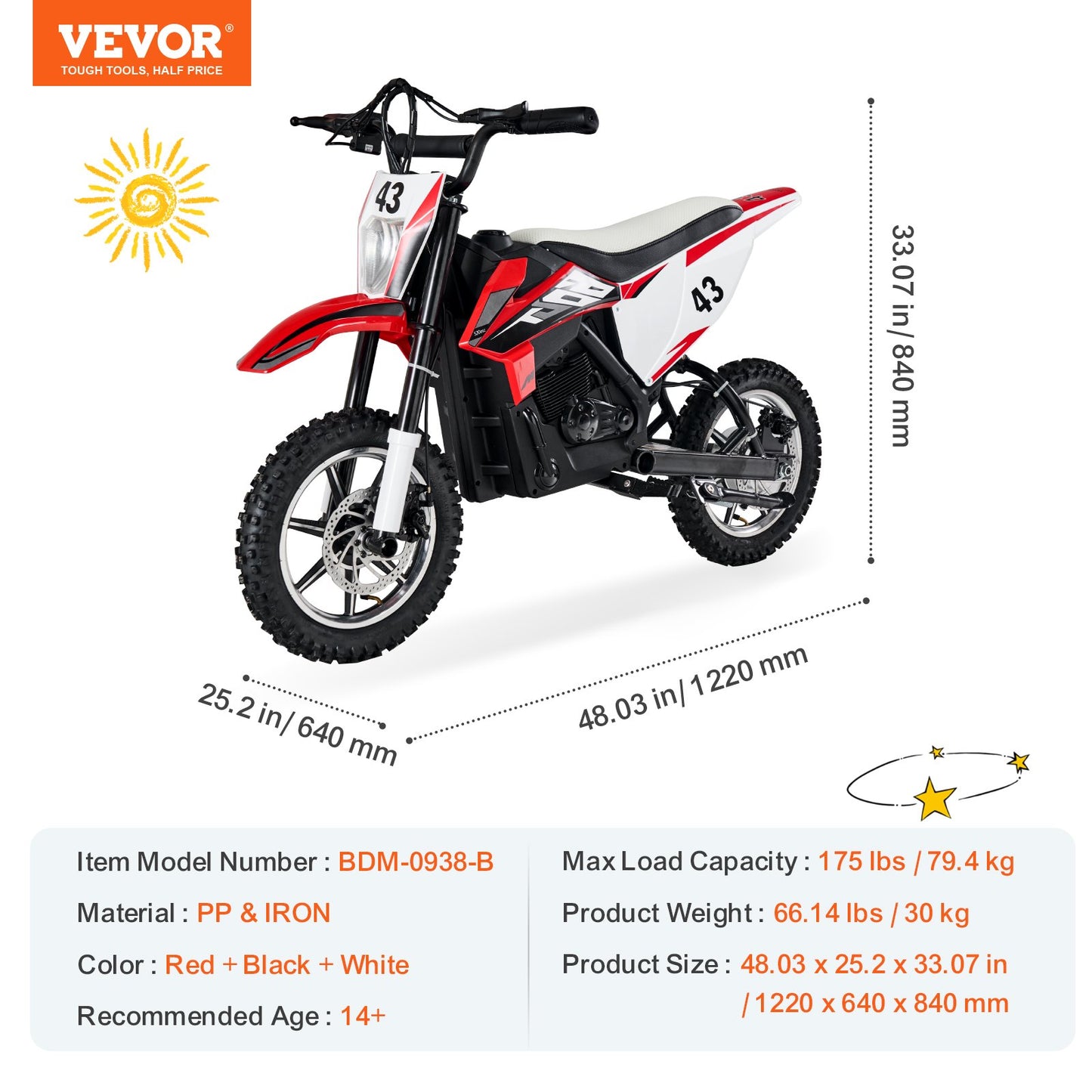 Kids Ride On Motorcycle, 36V Battery Powered Electric Motorcycle with Speed Up to 15.5mph, Treaded Tires, Battery Gauge, Dual Brakes, Ride on Toys for Children Boys Girls Aged 14+