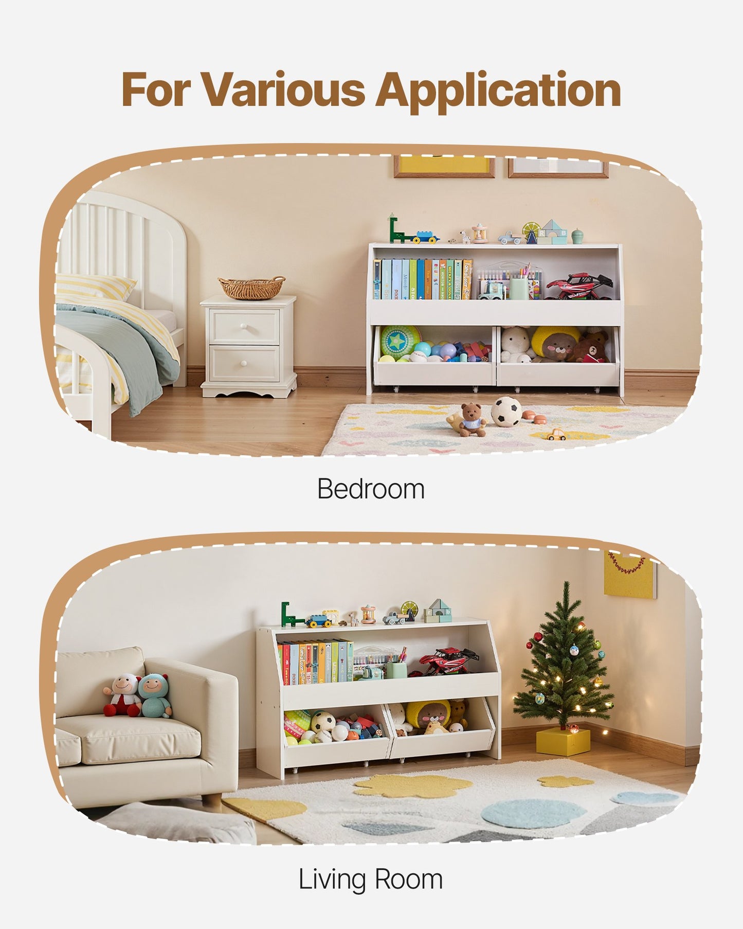 Toy Storage Organizer, Wooden Kids Bookshelf with Storage, Toy Storage Cabinet with 2 Mobile Drawers, Kids Storage Organizer for Bedroom, Nursery, Living Room, Entryway, Preschool, White