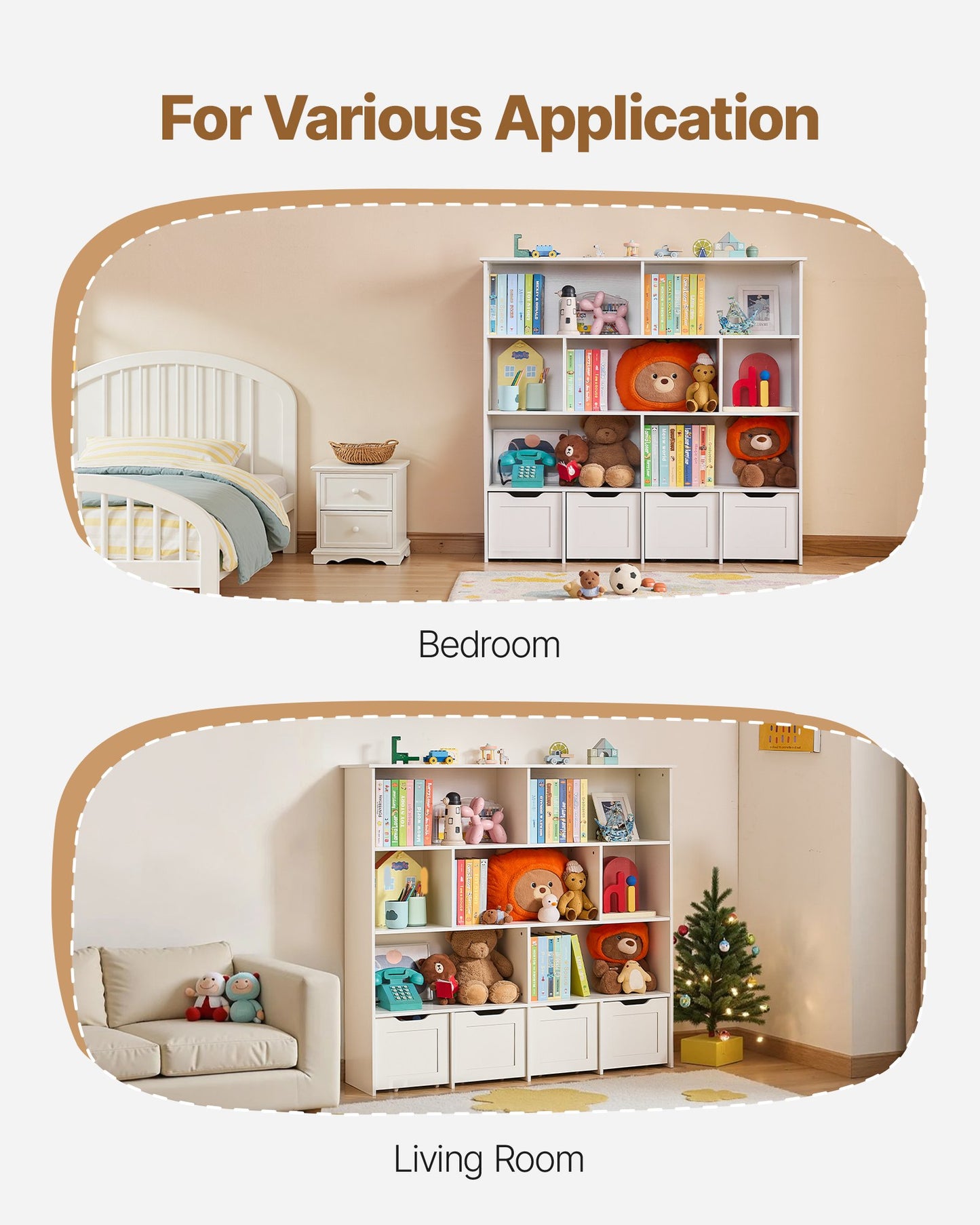 Toy Storage Organizer, Wooden Kids Bookshelf with Storage, Toy Storage Cabinet with 4 Mobile Drawers, Kids Storage Organizer for Bedroom, Nursery, Living Room, Entryway, Preschool, White