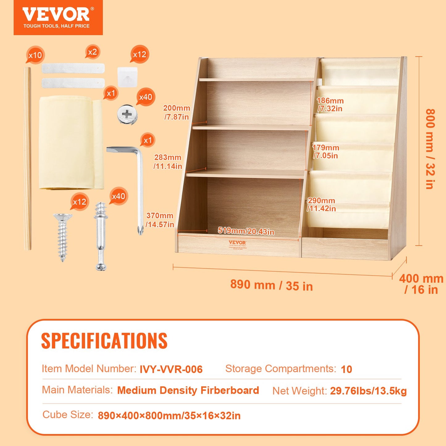 4-Tier Kids Wooden Bookshelf, Six-Layer Sling Bookcase, Baby Storage Book Rack, Book Toy Organizer Cabinet, for Kids Room, Playroom, Kindergarten, Nursery