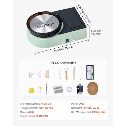 Mini-Keramik-Rad, elektrisches Tonrad für Kinder und Erwachsene, 158 mm, Grün | EU