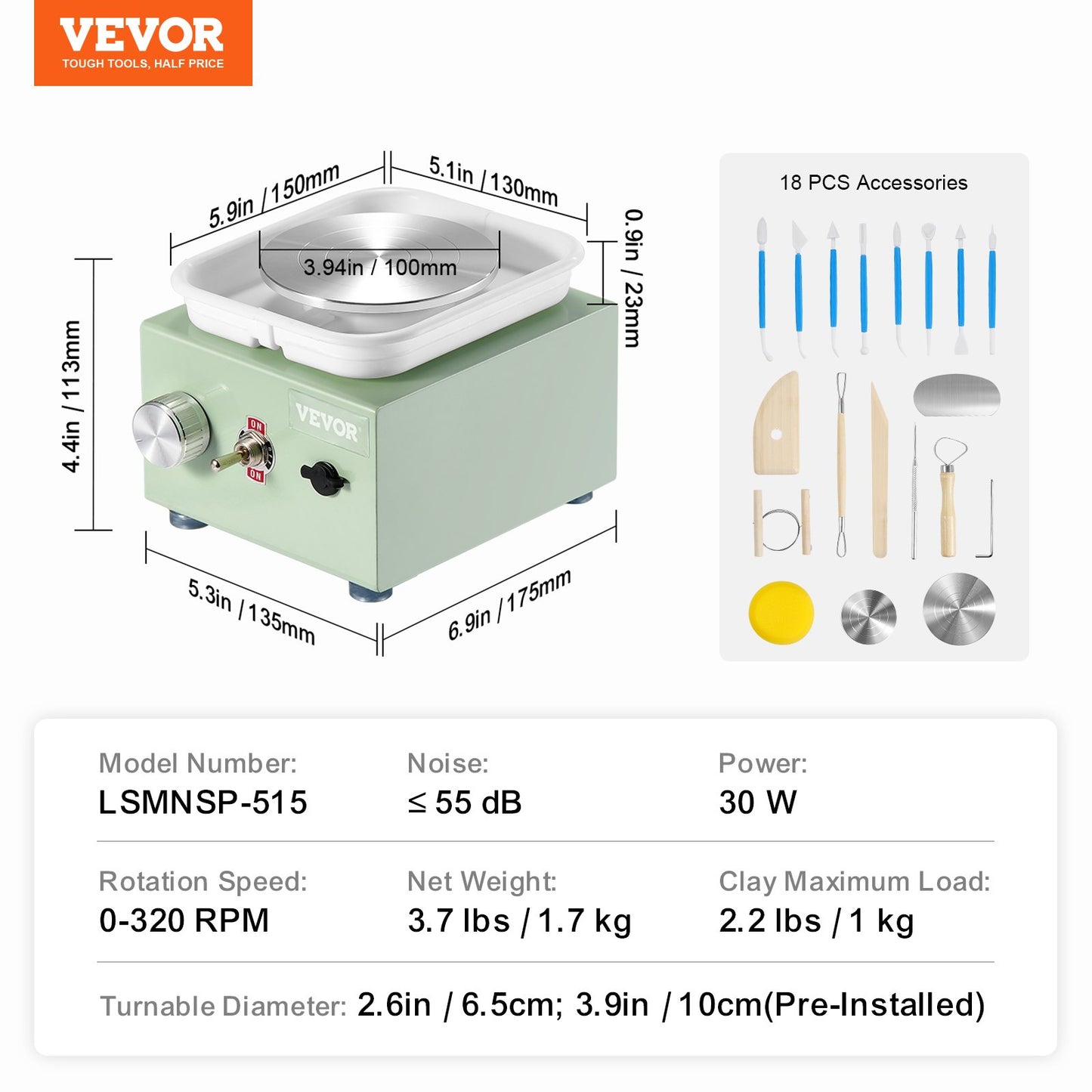 Mini Pottery Wheel, 0-320RPM Adjustable Speed Detachable Basin Forming Machine, 2.56in/3.94in 2 Turntables Electric Ceramic Wheel Machine, 18pcs Accessories, for Art Craft Work Home DIY, Green
