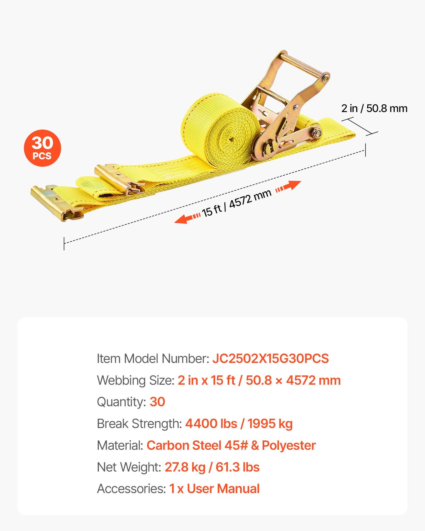 Ratchet Straps, 2 in x 15 ft, 30 Pack E-Track Tie Down Straps, 4400 lbs Break Strength & 1460 lbs Rated Load, Tie Down Ratcheting for Moving, Trailers, Motorcycles, Kayaks, Car Roof, Yellow