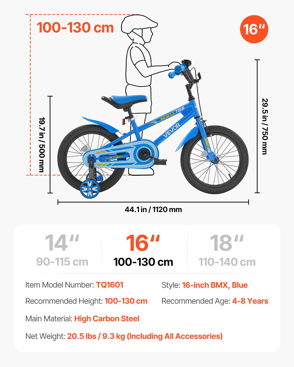 Kids Bike, 16 Inches BMX Style Children Bicycle, Rider Height 3.28 ft - 4.27 ft, Training Wheels Included, Sturdy and Easy to Assemble, Toddler Bike for Boys & Girls Learning to Ride, Blue