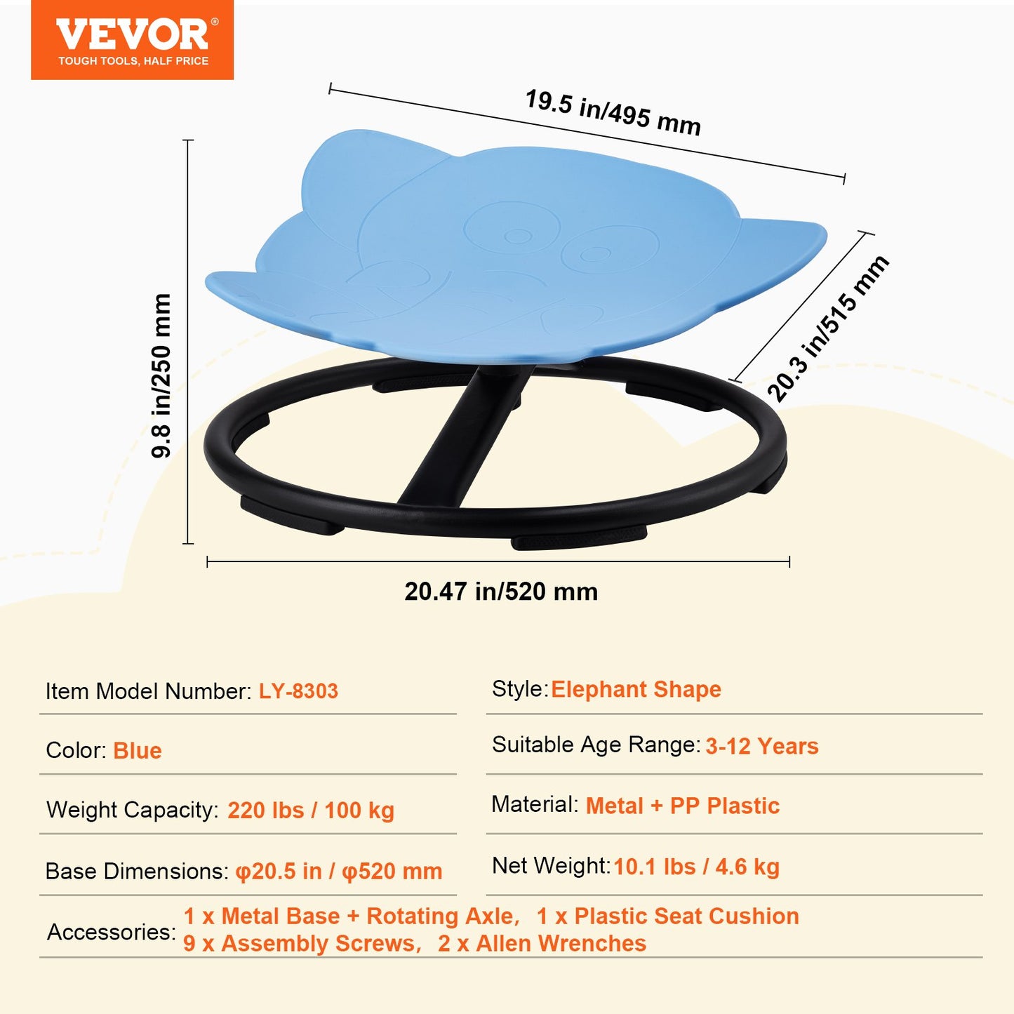 Elephant Kids Swivel Chair, 220 LBS Capacity, 360° Spinning Chair, Autistic Kids Sensory Toy Chair with Non-Slip Metal Base, Toddler Sit and Spin Chair for Coordination Balance Focus Blue