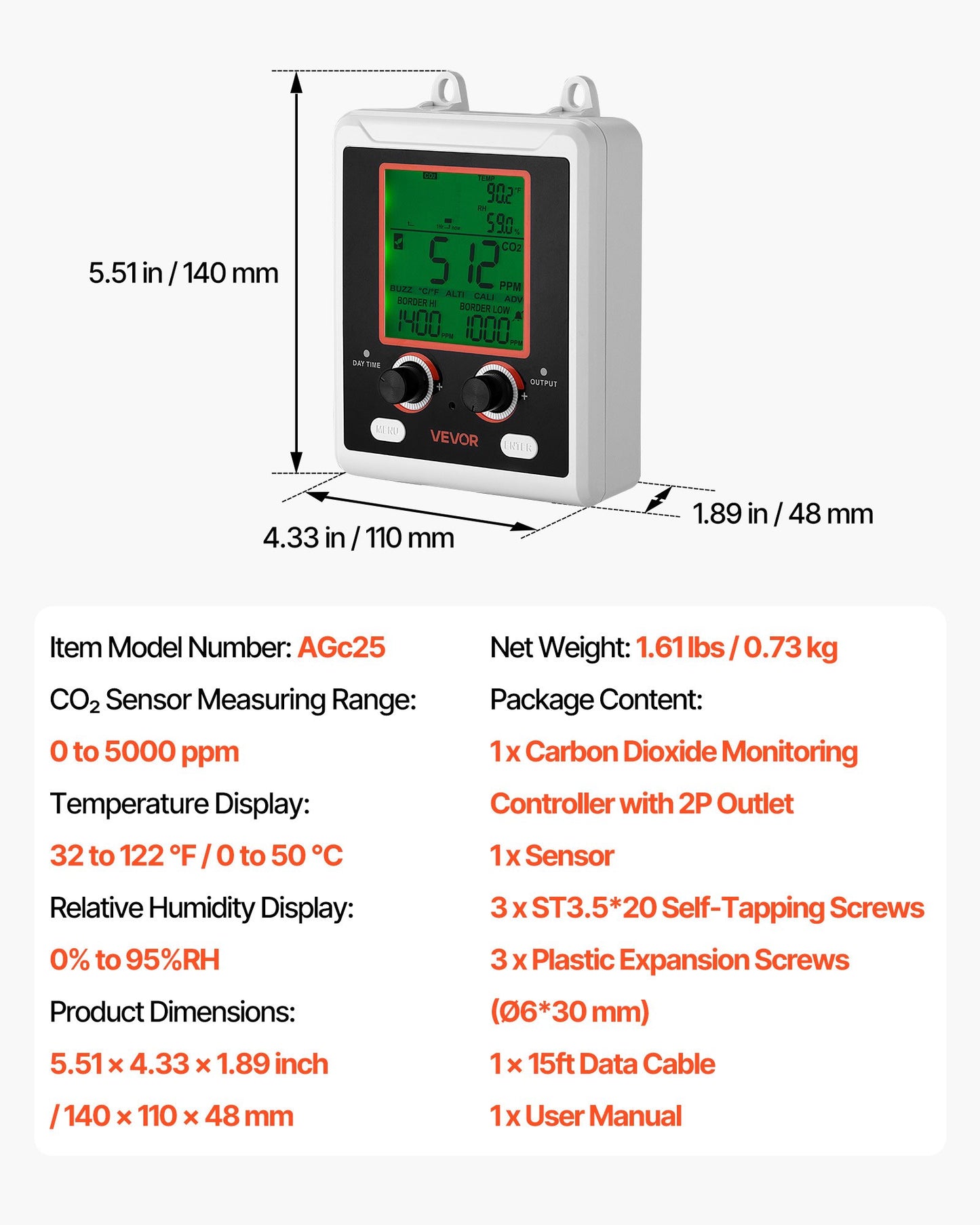 Carbon Dioxide Monitoring Controller, Dual Outlets Carbon Dioxide Controller, CO2 Meter Monitor Day and Night Detection Feature, NDIR CO2 Sensor for Green House, Laboratories, Classrooms, Home