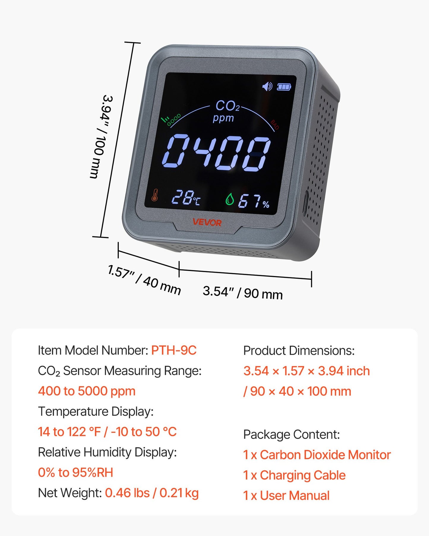 Carbon Dioxide Monitor, CO2 Controller with Temperature and Humidity Display, 15ft NDIR Sensor Cable CO2 Sensor, Carbon Dioxide Detector for Bedside, Home, Office, Car, Lightweight & Portable