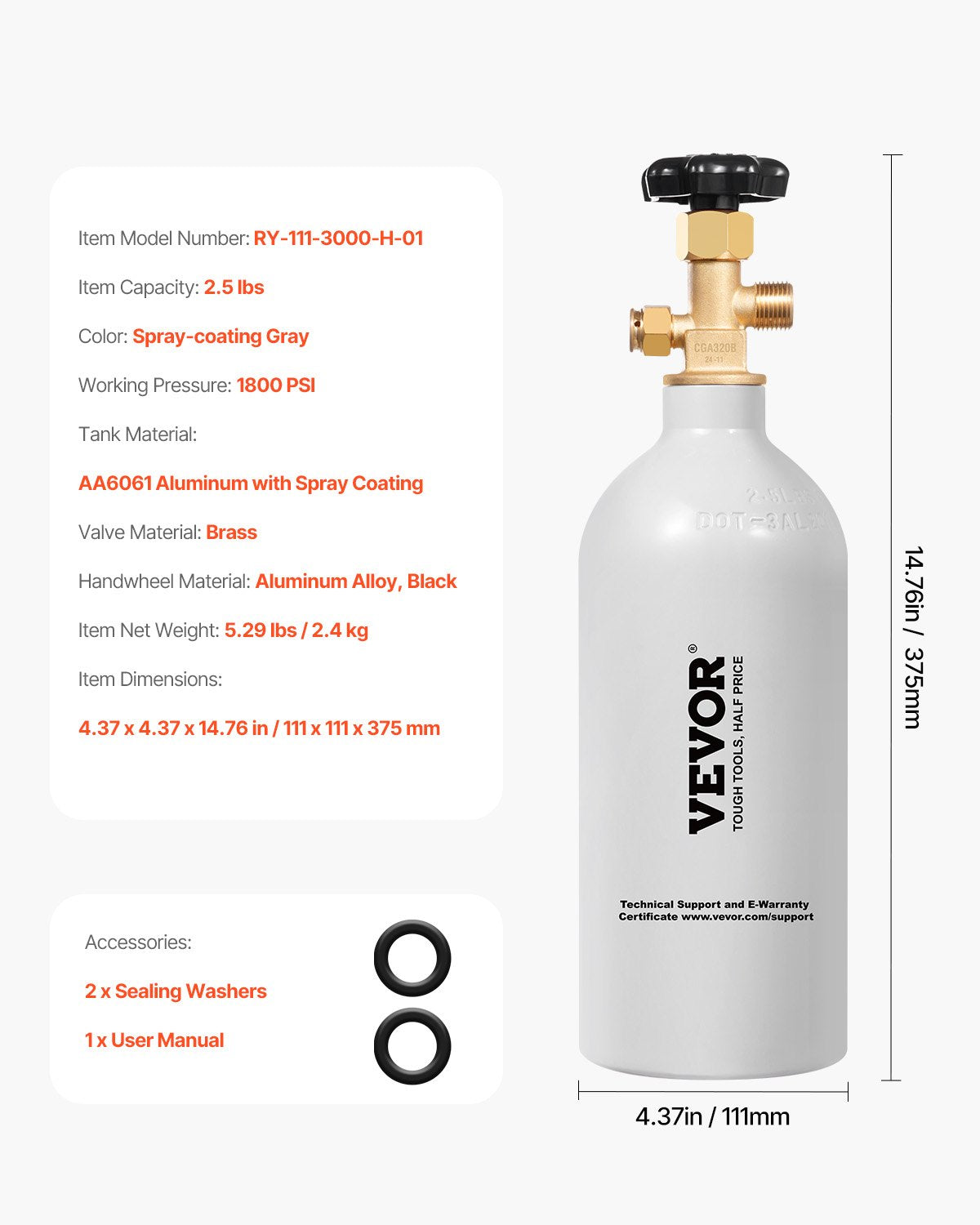 CO2 Tank, 2.5 lbs New Aluminum Alloy Cylinder, CO2 Air Tank with Light Gray Spray Coating, CGA320 Valve & Adjustable Pressure, DOT Approved Cylinder for Draft Beer Dispensing and Soda Maker