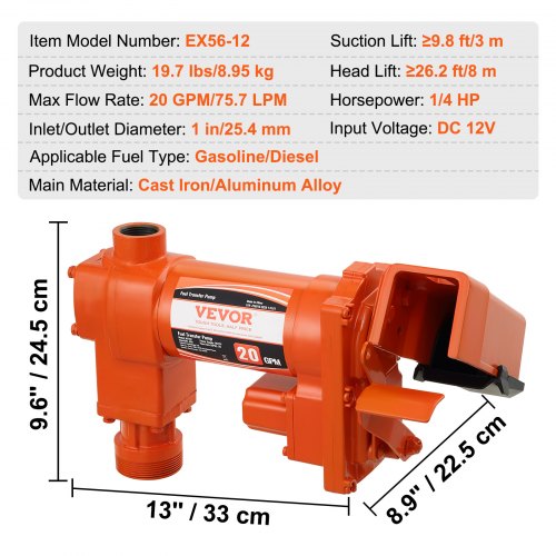 bränsleöverföringspump, 12V DC 20 GPM 1/4 hk, högflödes gjutjärnsbensinutsugspump med bränsleuppsamlingsboxdesign för bensin, diesel, fotogen, etanol- och metanolblandningar samt biodiesel | EU