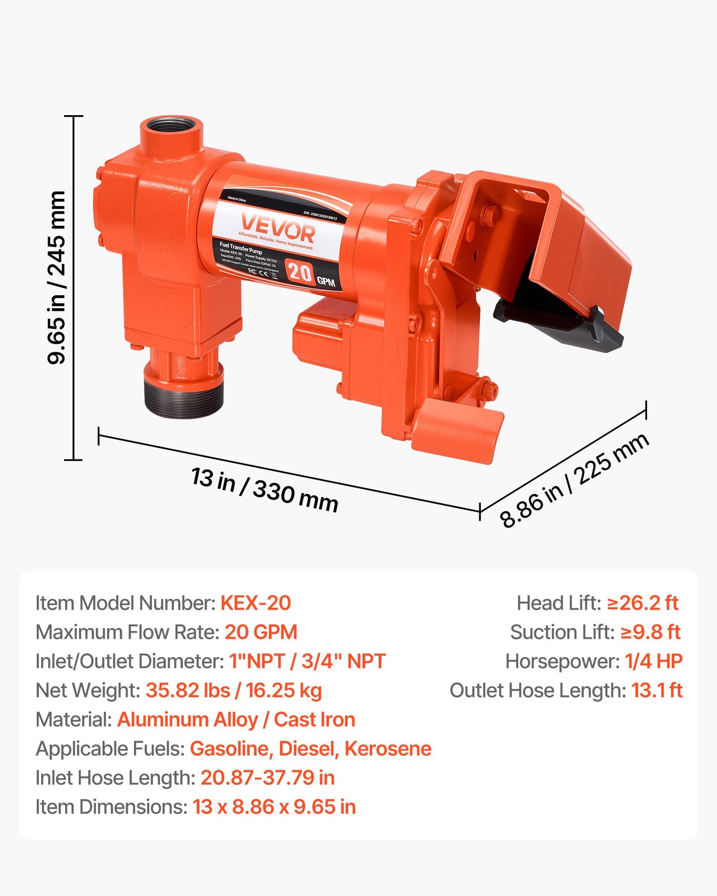 Fuel Transfer Pump, 12V DC 20 GPM 1/4 HP Diesel Pump, Extractor Pumps with Manual Nozzle, Discharge Hose and Suction Pipe, for Gasoline, Diesel, Kerosene, Ethanol-Methanol Blends & Biodiesel
