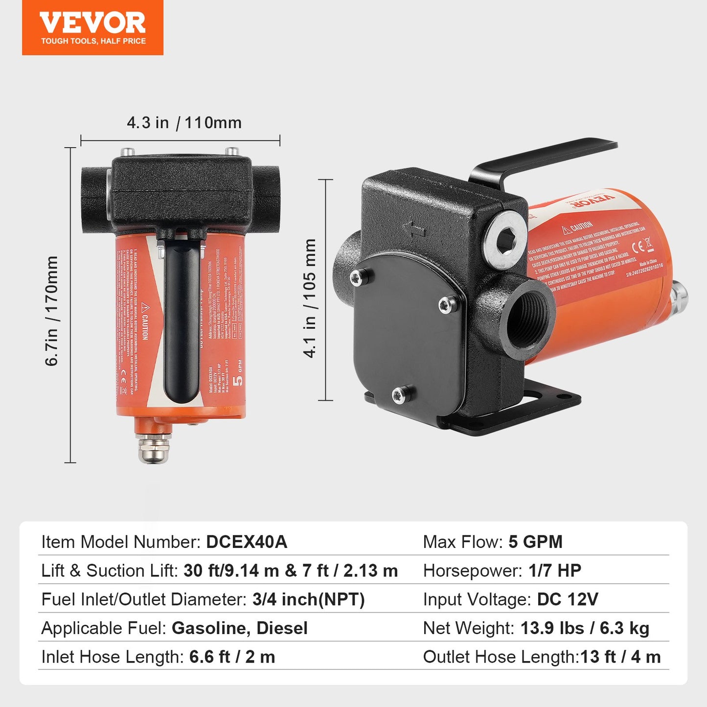 Fuel Transfer Pump, 12V DC 5.3 GPM 1/10 HP, Portable Electric Diesel Transfer Pump with Auto Shut-Off Fuel Nozzle, Long Inlet & Outlet Hose for Gasoline, Diesel, Kerosene, Methanol Blends