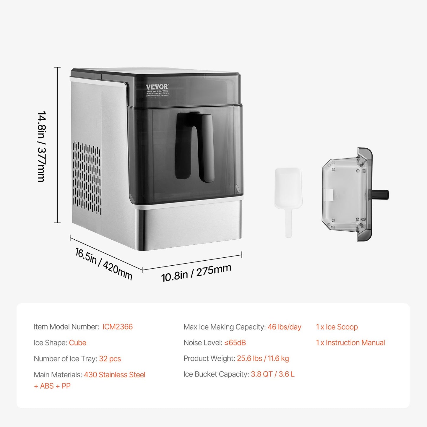 Countertop Ice Maker, 32 Cubes Ready in 15 Mins, 46lbs in 24Hrs, Self-Cleaning Portable Ice Maker with Convenient Ice Transfer, Ice Machine with 3 Sizes Ice Cube for Home Kitchen Office Party