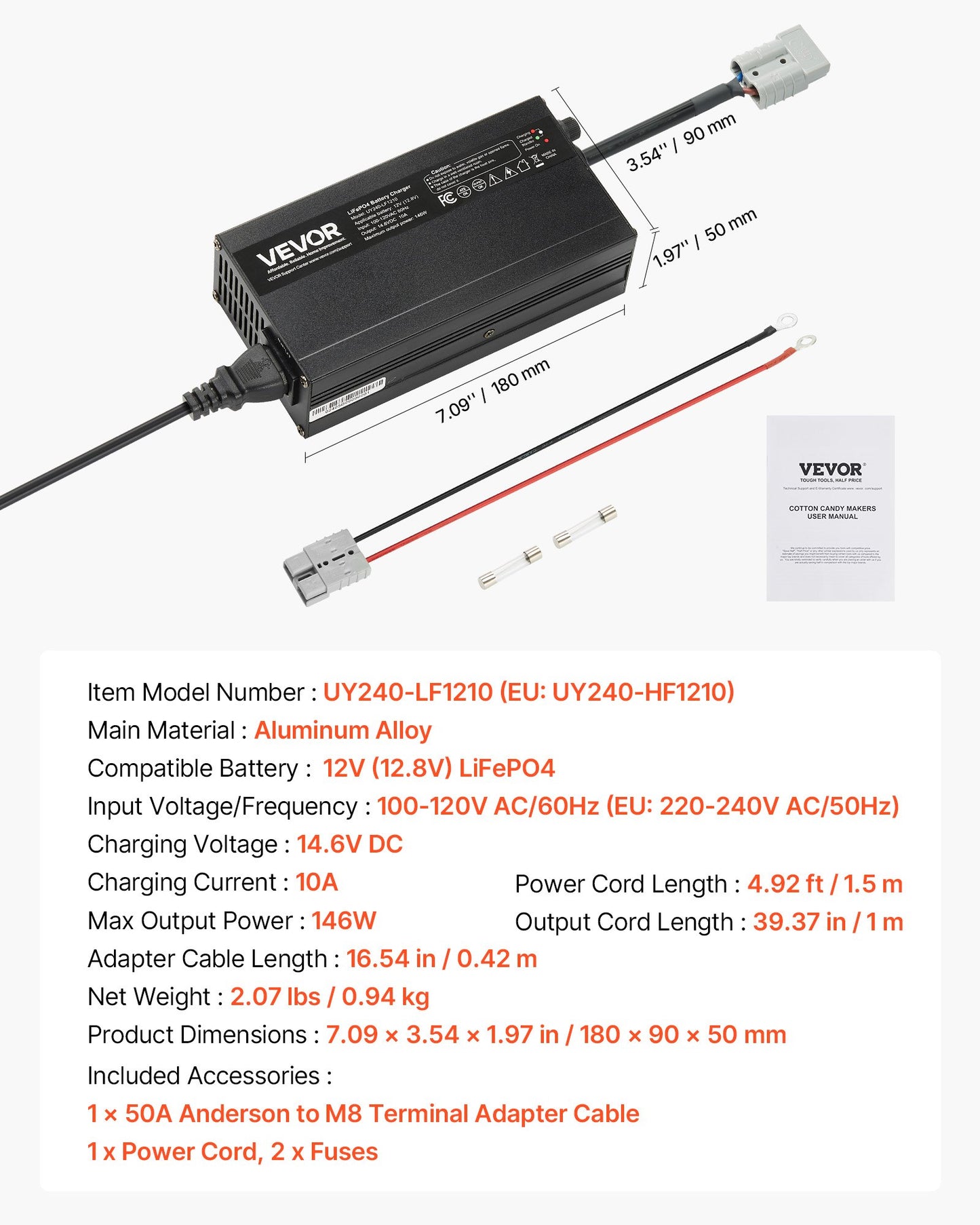 12V 10A Lithium Battery Charger, 14.6V, AC-DC LiFePO4 Smart Charger, with Anderson Connector, LED Indicator, 0V Activation, for Lithium LiFePO4 Deep Cycle Rechargeable Batteries of Boat, RV