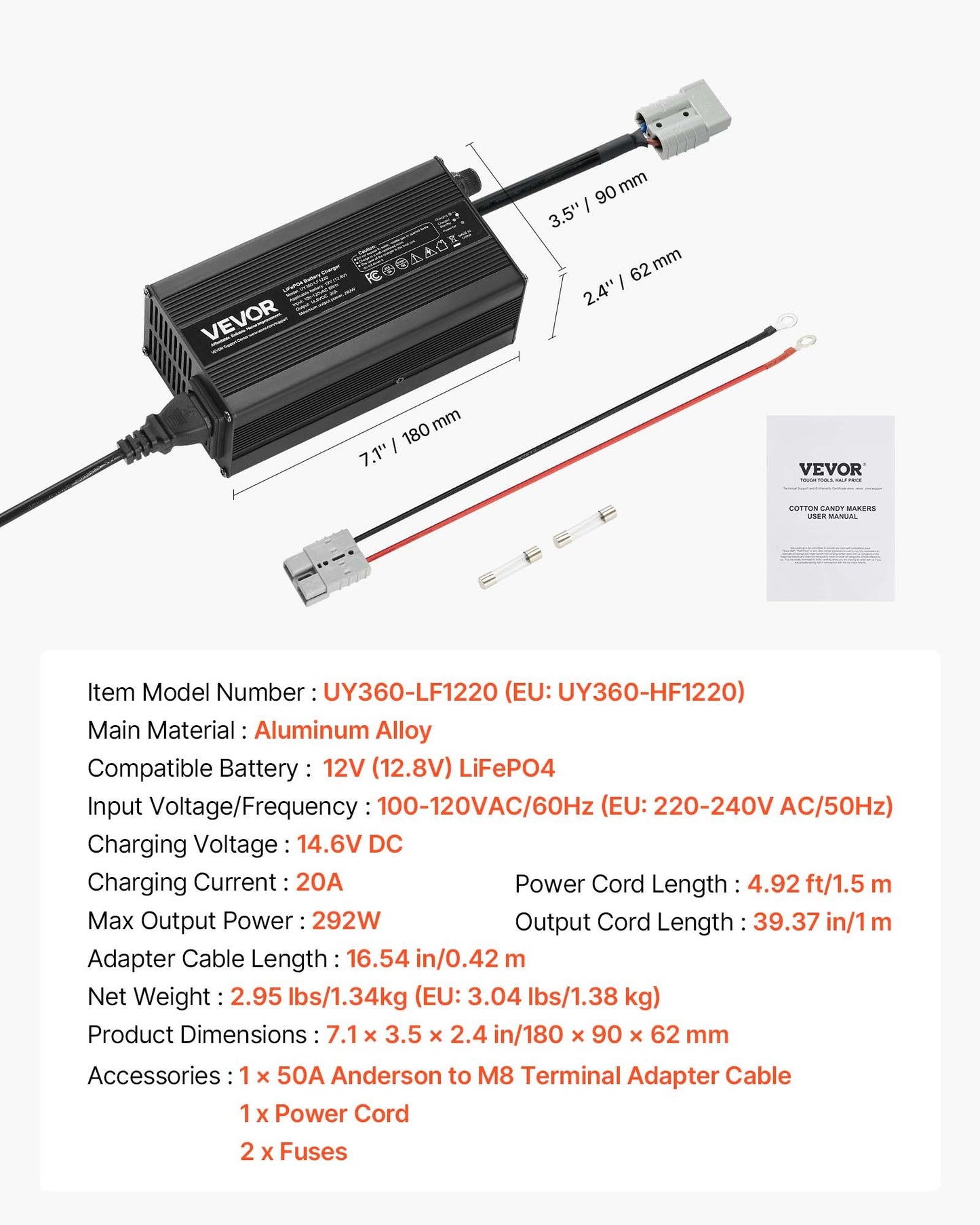 12V 20A Lithium Battery Charger, 14.6V, AC-DC LiFePO4 Smart Charger, with Anderson Connector, LED Indicator, 0V Activation, for Lithium LiFePO4 Deep Cycle Rechargeable Batteries of Boat, RV