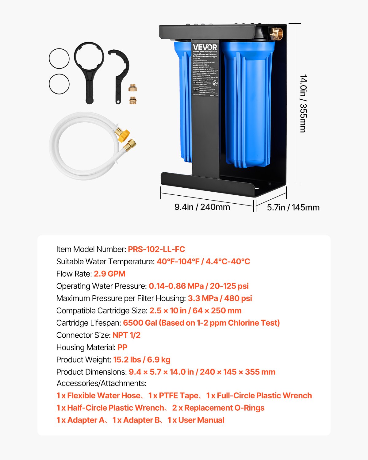 RV Water Filtration System, 2-Cartridge Water Filter System for Campers, Remove Chlorine, Bad Tastes, Odors, and Most Contaminants, RV Filter with Bracket for RVs, Boats, Vans