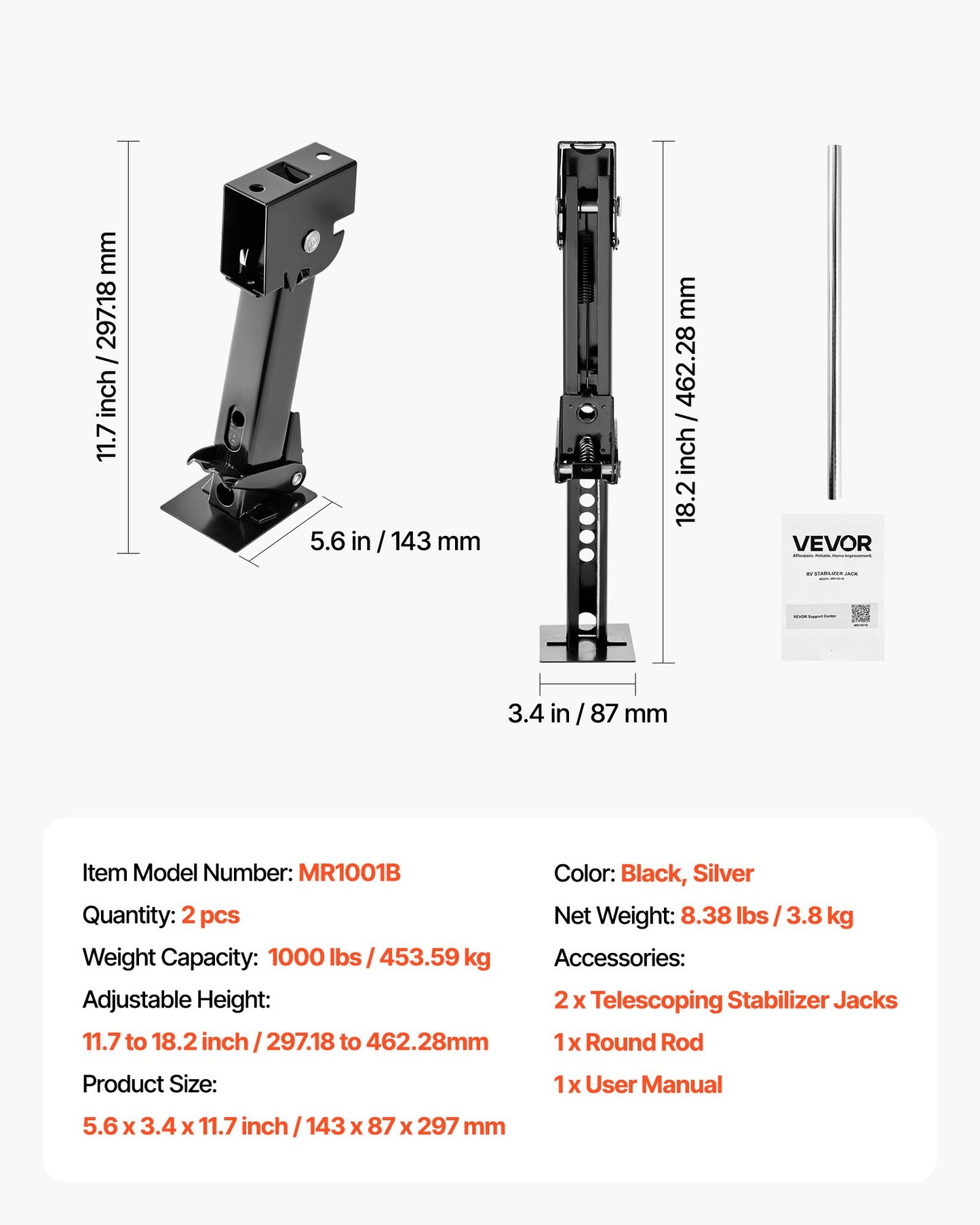 Telescoping Stabilizer Jack, 2PCS Telescoping Folding Trailer Jack, Trailer Swing Down Stabilizer Jack for RV Trailer, Supports 1000lbs Capacity Each, Adjustable from 11.7 inch to 18.2 inch