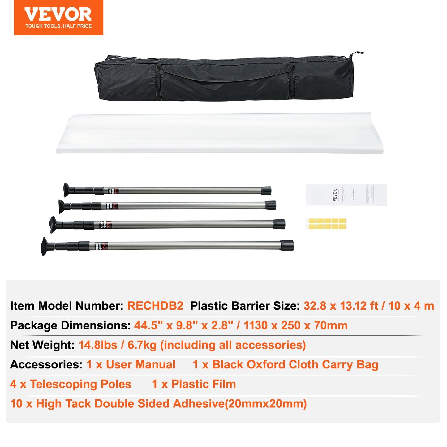Dust Barrier Poles, 12 Ft Dust Barrier System with 4 Telescoping Poles, 32.8x13.12 Ft Plastic Film, and Carry Bag, for Interior Decoration and Painting Projects