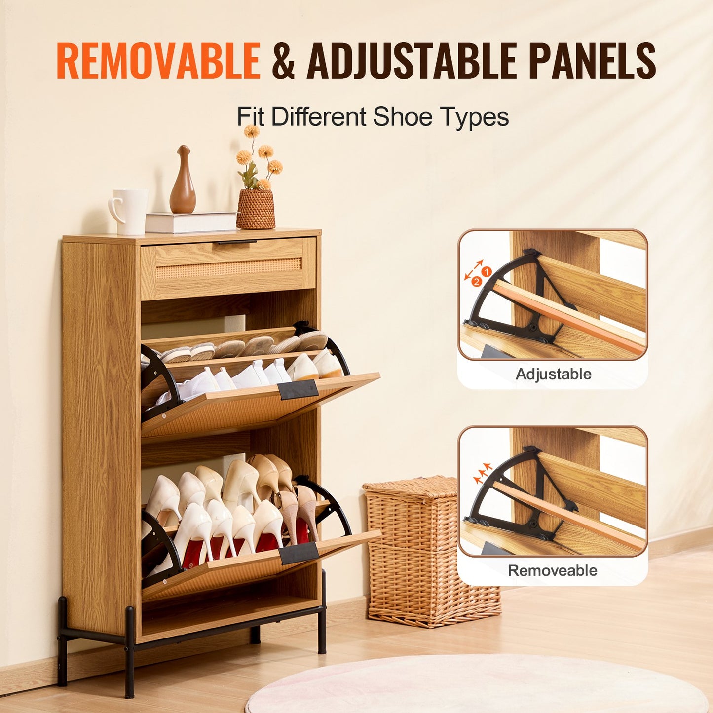 Rattan Shoe Cabinet, Narrow Shoe Storage Organizer with 2 Flip Rattan Drawers & 1 Slide Drawer, Metal Legs, Slim Shoe Entryway Cabinet Ideal for Entryway, Closet, Hallway, Light Wood Color
