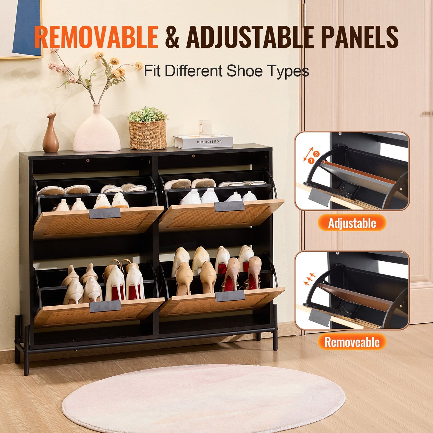 Rattan Shoe Cabinet, Narrow Shoe Storage Organizer with 4 Flip Drawers, Slim Shoe Entryway Storage Cabinet with Metal Legs, Ideal for Entryway, Closet, Hallway, Light Wood Color