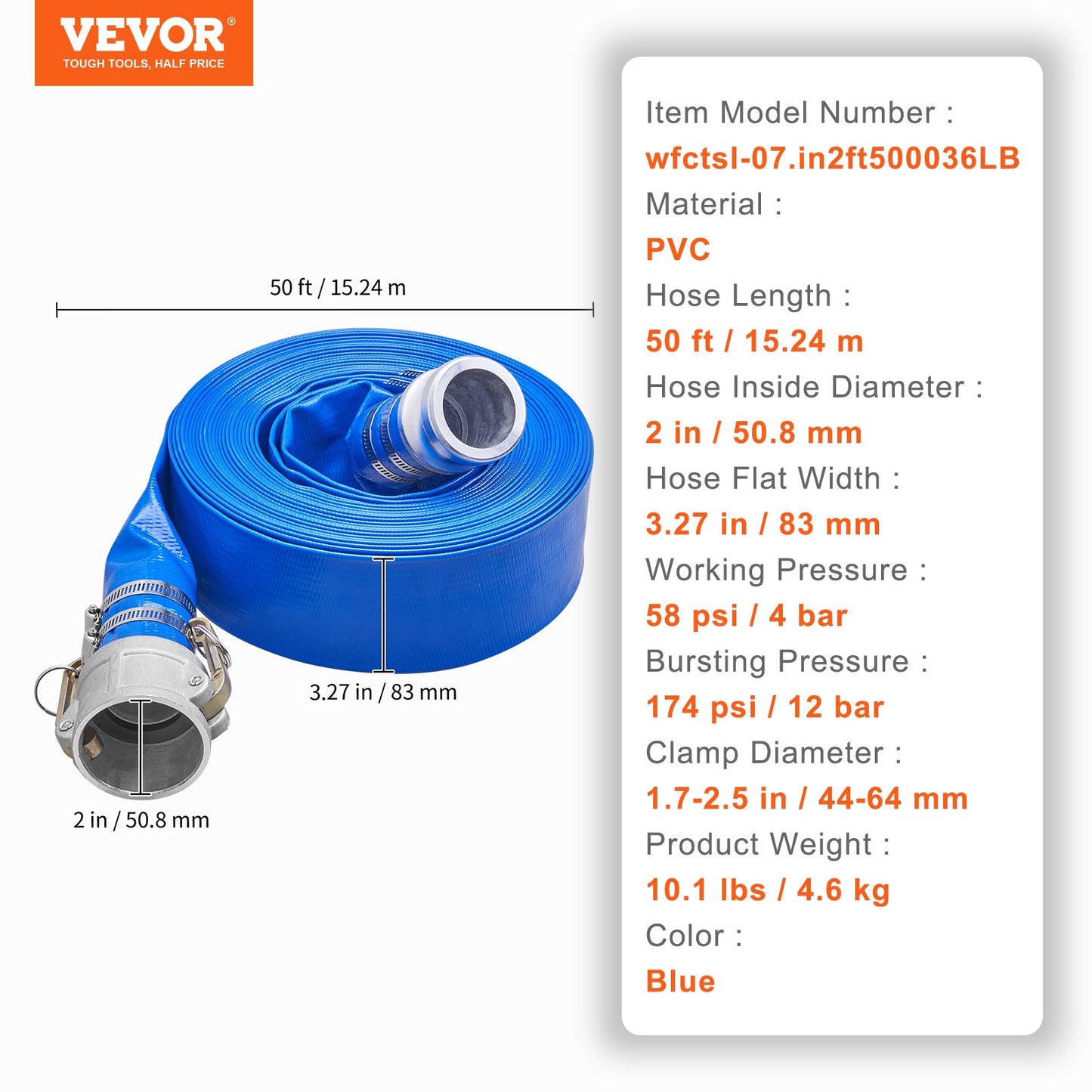 Pool Drain Hose, 2 inch by 50 ft, Durable PVC Material, Includes Aluminum Camlock C & E Connectors and Clamps, Fits Pumps and Sand Filters, Ideal for Pool Water Removal, Blue