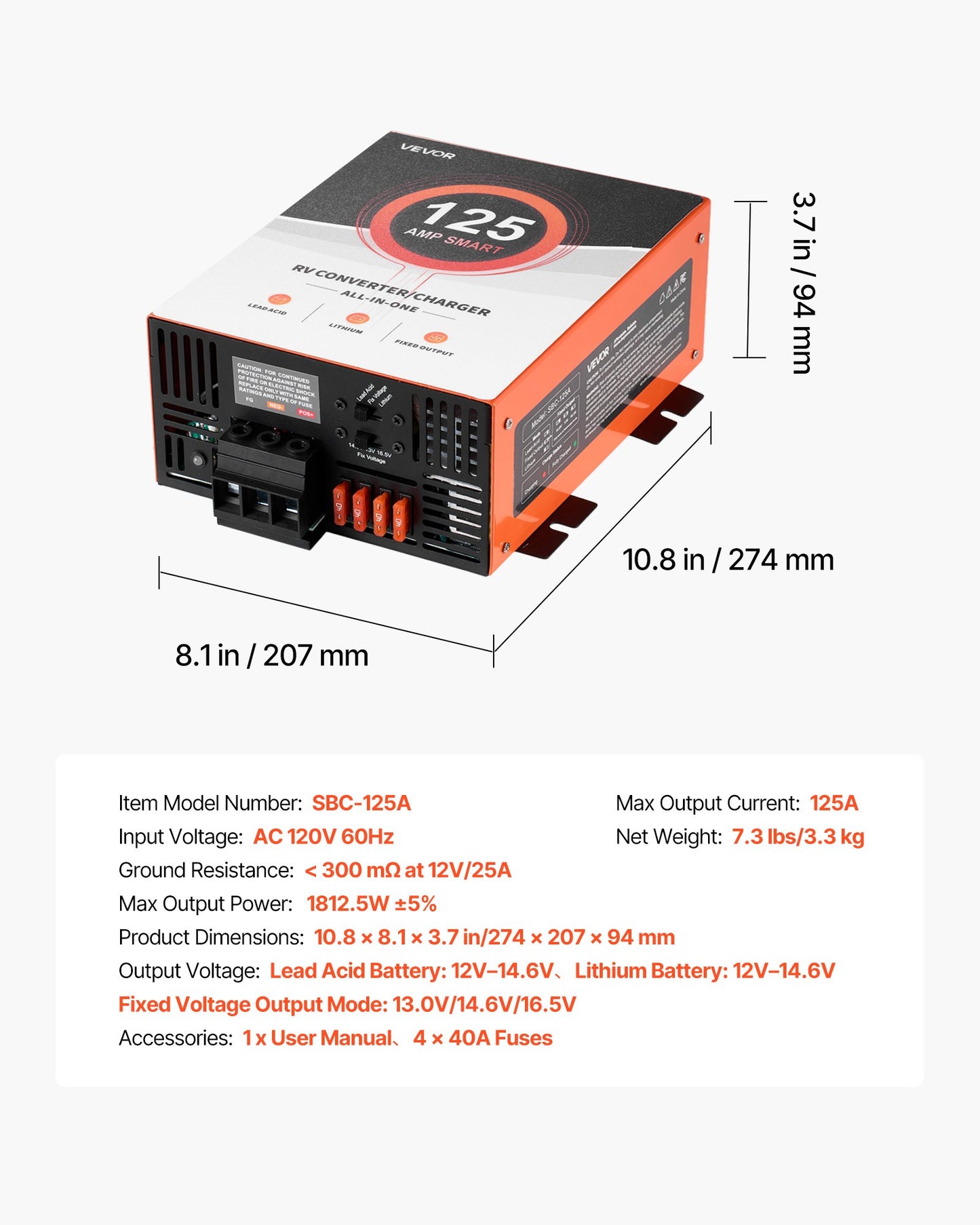 RV Power Converter, 125 Amp, 110V AC to 12V DC RV Converter Battery Charger, Multi Stage Smart Charging, 13V to 16.5V Operating Range, Compatible with Lithium & Lead Acid Battery, for Camper