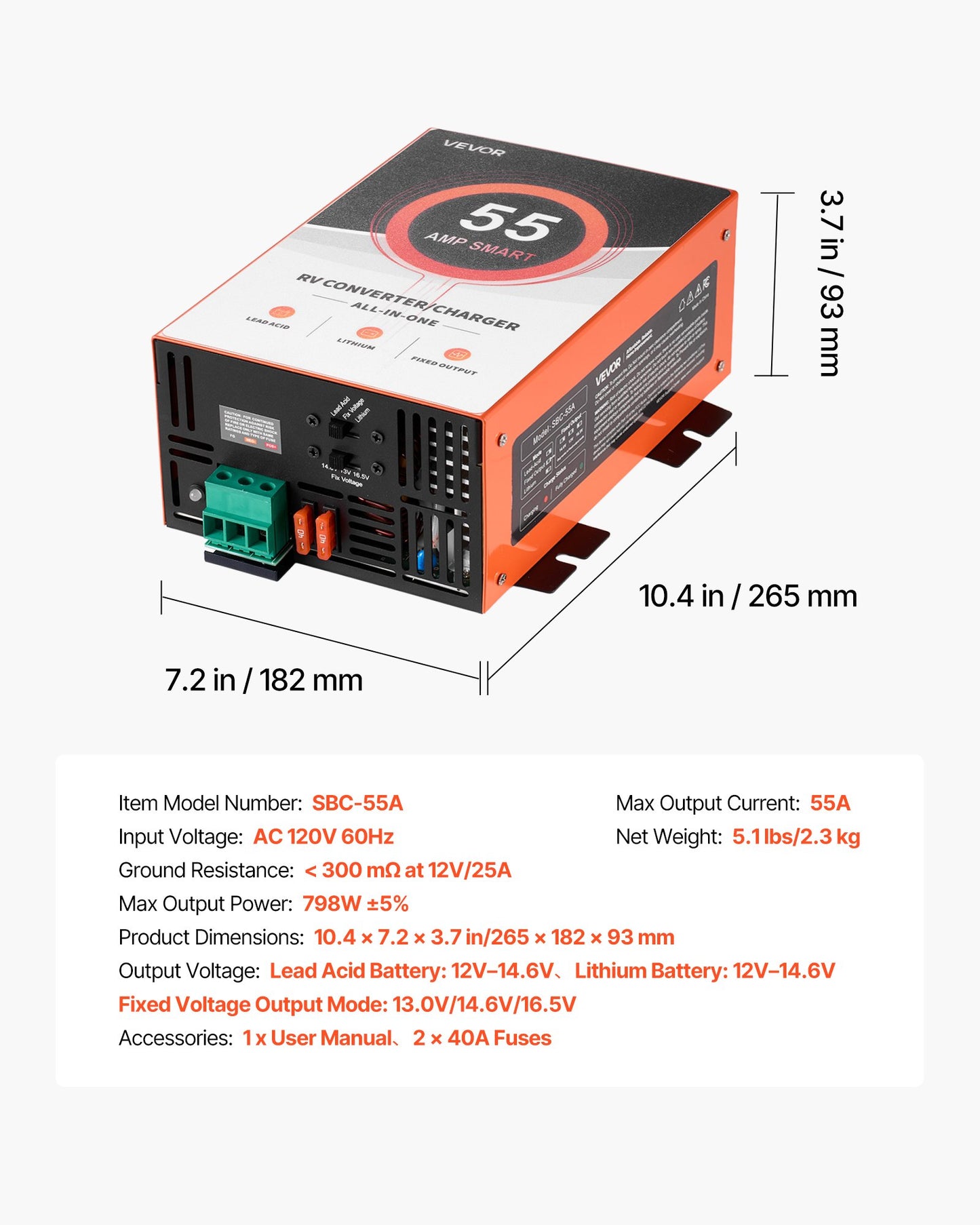 RV Power Converter, 55 Amp, 110V AC to 12V DC RV Converter Battery Charger, Multi Stage Smart Charging, 13V to 16.5V Operating Range, Compatible with Lithium & Lead Acid Battery, for Camper