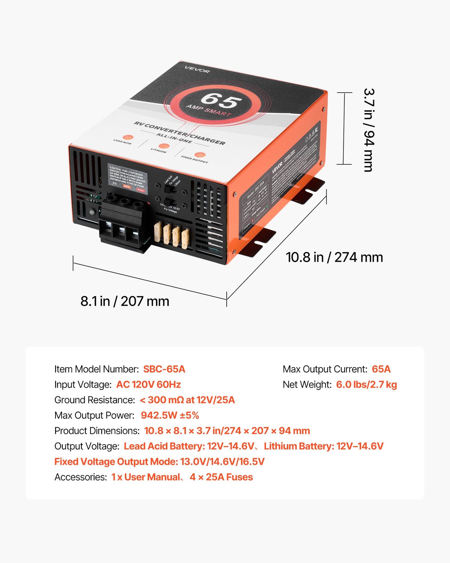 RV Power Converter, 65 Amp, 110V AC to 12V DC RV Converter Battery Charger, Multi Stage Smart Charging, 13V to 16.5V Operating Range, Compatible with Lithium & Lead Acid Battery, for Camper